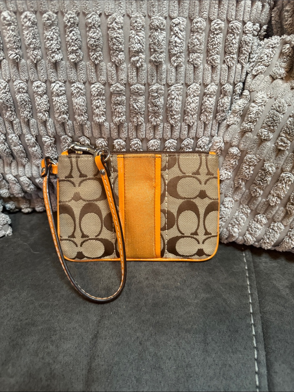 Coach Brown Signature Canvas Wristlet with Orange Trim